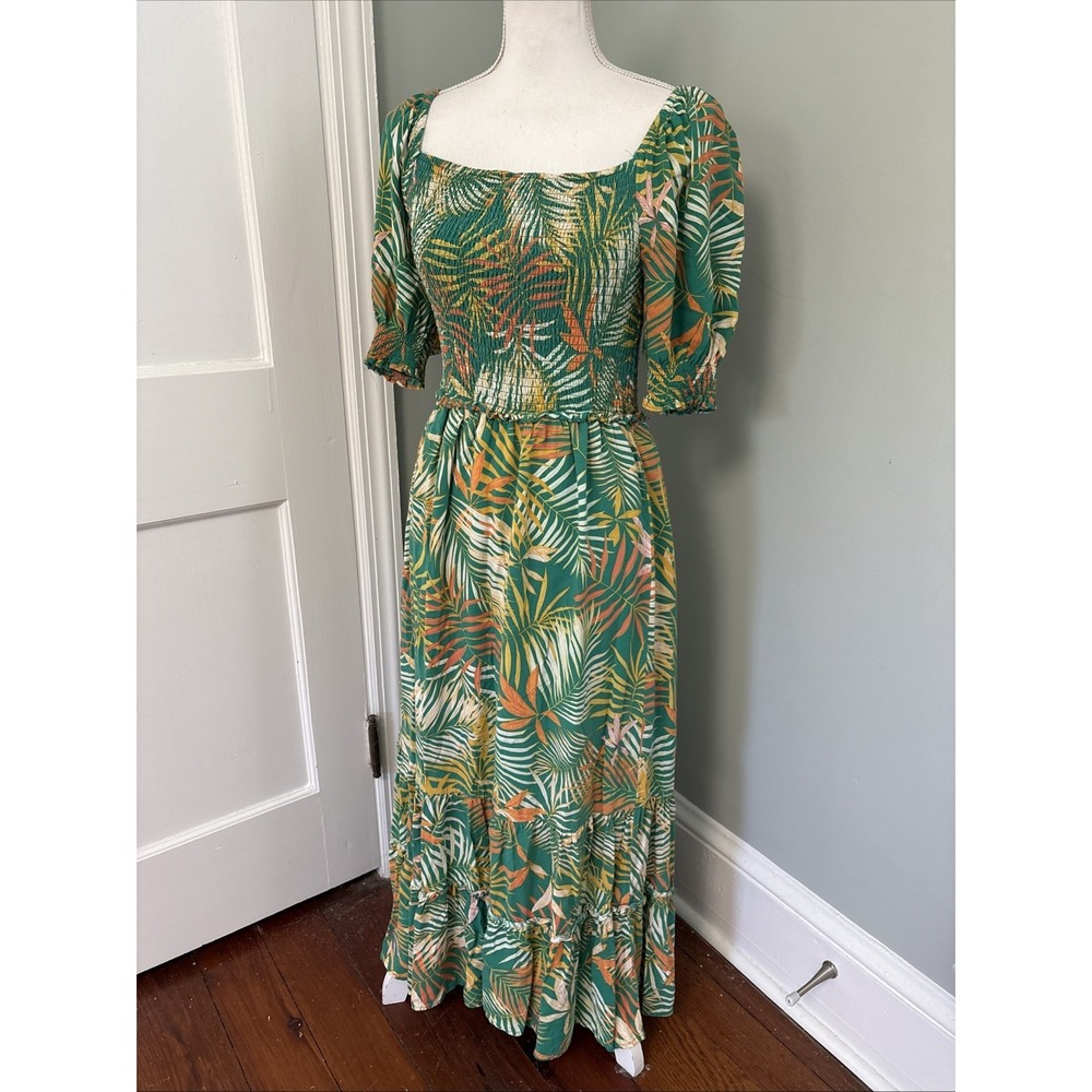 Betsy Johnson Dress Green Palm Print Smocked Long Lined Tropical Medium